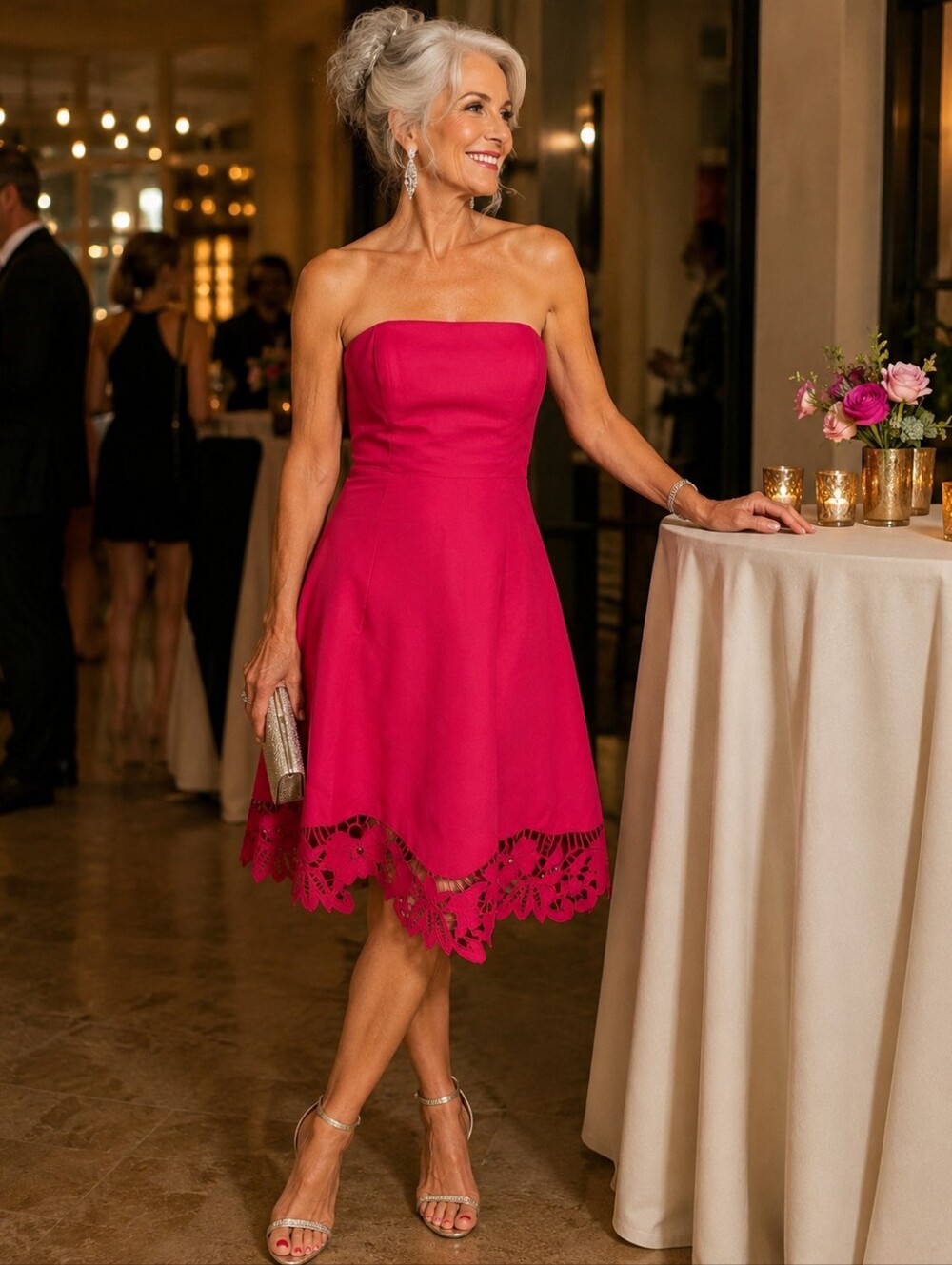 NWT Betsey Johnson Hot Pink Strapless Cocktail Dress w/Battenberg Lace Hem, Sz 4